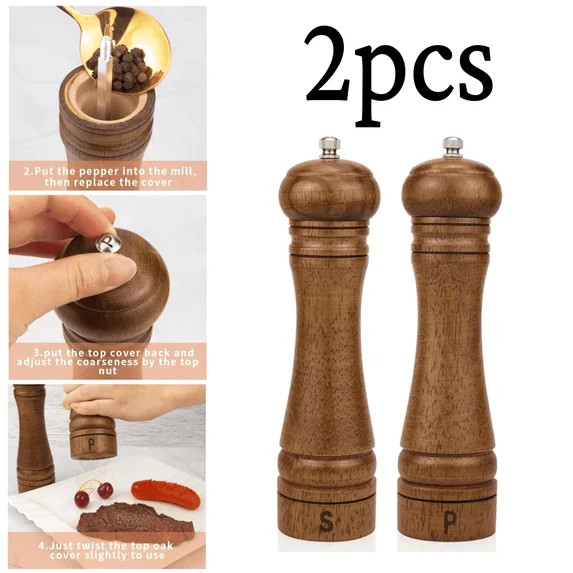 Solid Oak Wood Salt and Pepper Grinder Set, 8-Inch Adjustable Ceramic Mill for Kitchen - Natural ... | Walmart (US)