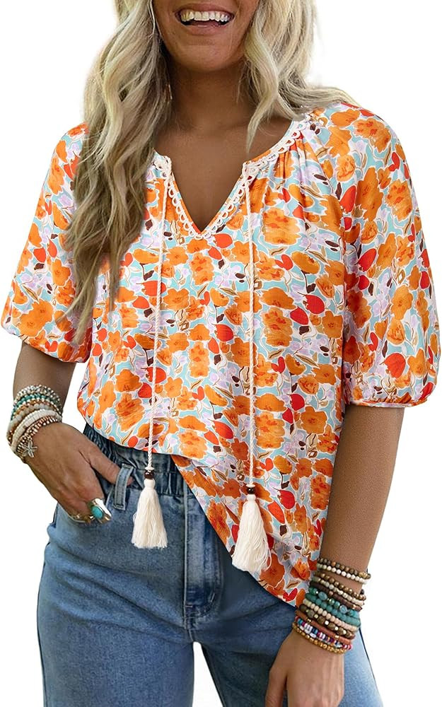 Vivilli Womens Summer Boho Tops Casual V Neck Short Sleeve Blouses Floral Print Shirt Tie Front F... | Amazon (US)