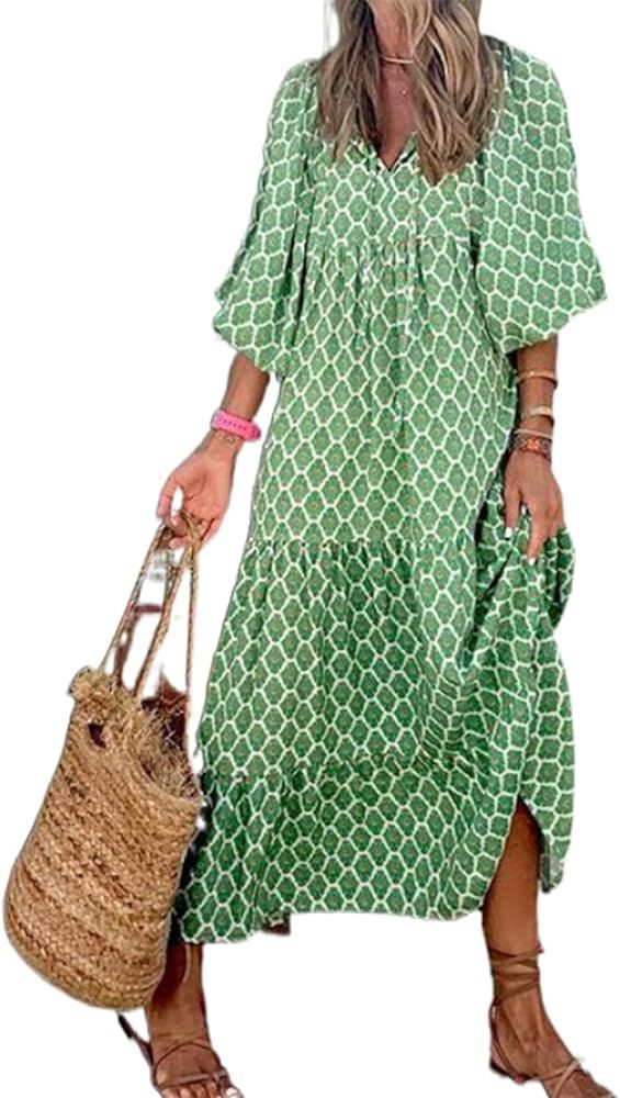 Women's Maxi Boho Dress Summer Floral V-Neck Puff Short Sleeve Flowy Midi Long Dress Bohemian Sun... | Amazon (US)