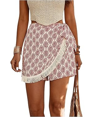 Milumia Women's Printed Tie Side Shorts Tassel Trim High Waist Wrap Skorts Boho Shorts | Amazon (US)