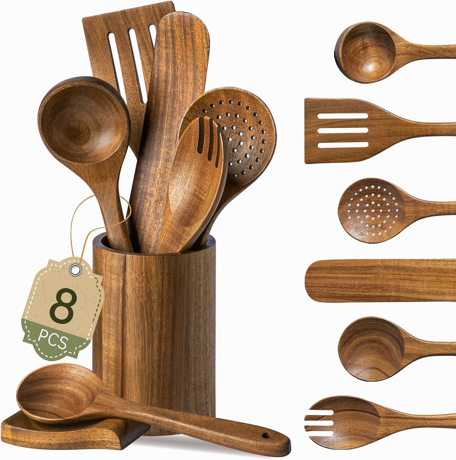 Wooden Utensil Set 8 PCS - Natural Non-Toxic Acacia Wooden Spoons for Cooking, Nonstick, Sturdy,E... | Amazon (US)