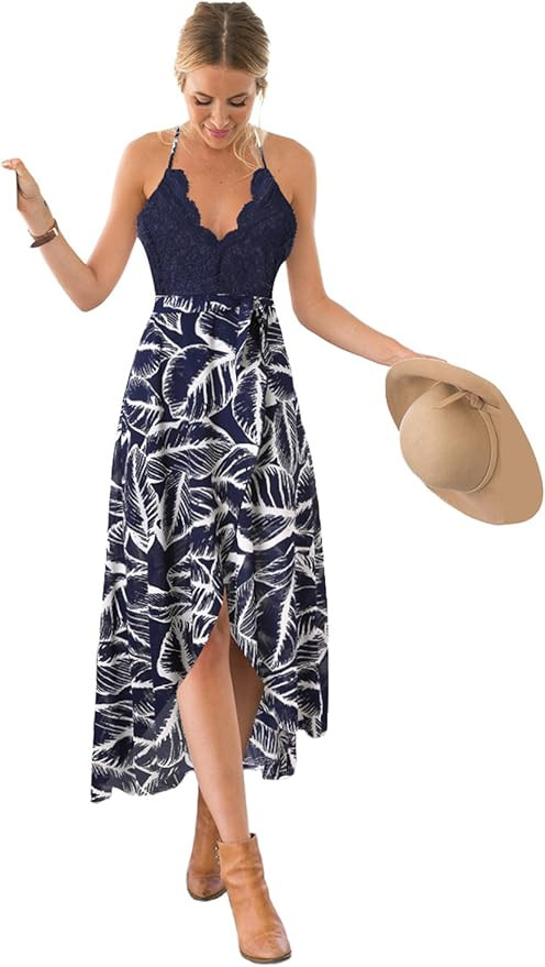 Blooming Jelly Women's Deep V Neck Sleeveless Summer Asymmetrical Floral Maxi Dress | Amazon (US)