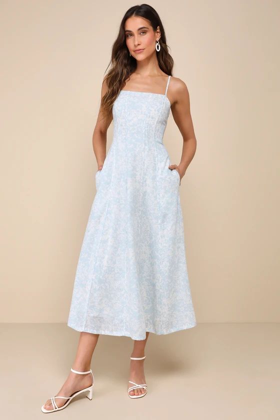 Endlessly Beloved White and Blue Floral Midi Dress With Pockets | Lulus