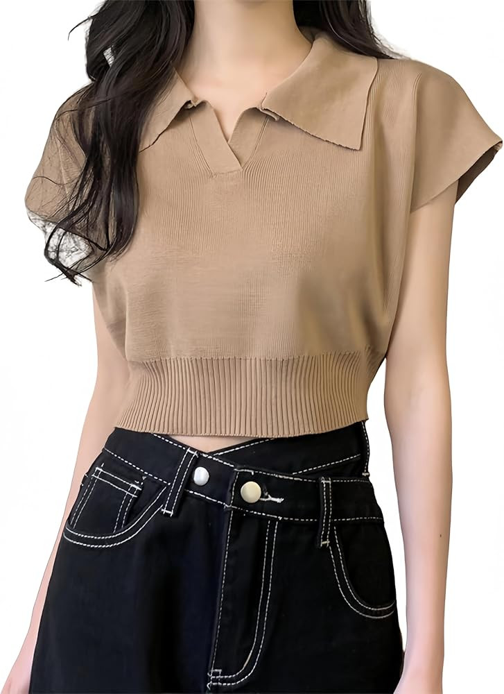 Sexy Women's Summer Short Sleeved V-Neck Short Solid Color Polo Knitted T-Shirt | Amazon (US)