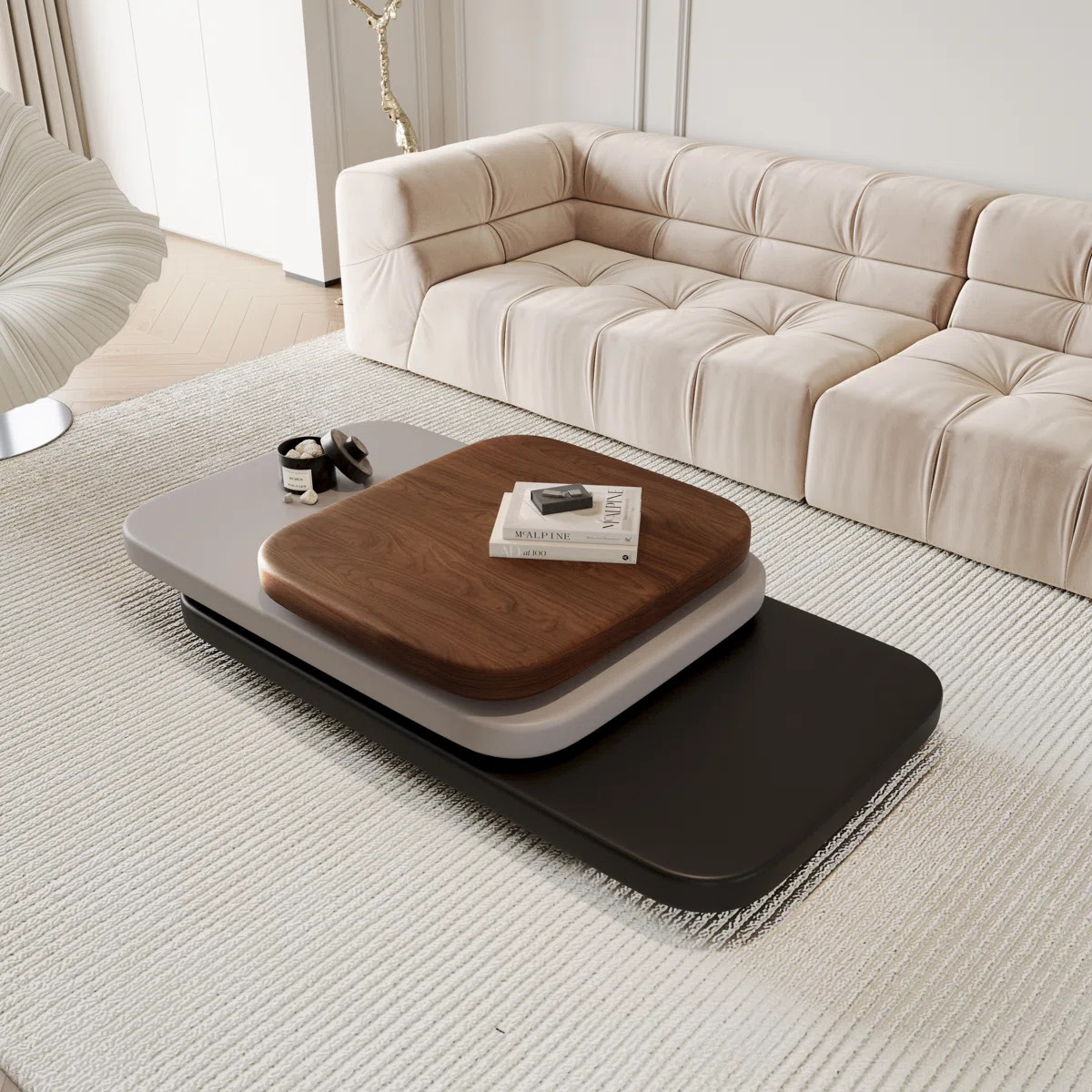 Modern Rotatable Wood Coffee Table – Black, Gray & Walnut Veneer, Minimalist Design Center Tabl... | Wayfair North America