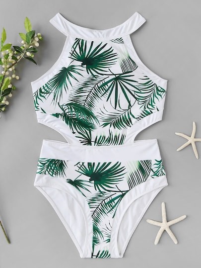 Random Leaf Print Cut-out One Piece Swimsuit | SHEIN