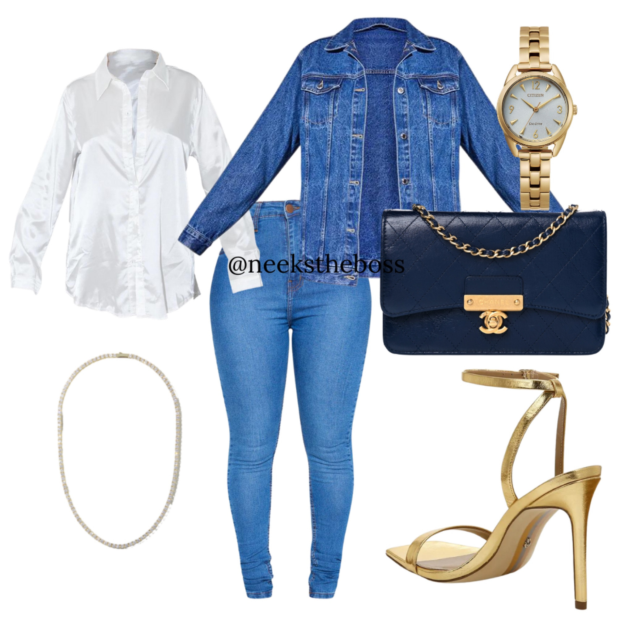 Pair with glossy lips 
listed:
wallet on chain chanel fashionfile

Nordstrom sam edelman orchid ankle strap sandal

PLT SHAPE MID WASH HIGH WAIST SUPER STRETCH SKINNY JEANS

PLT white satin button front shirt

PLT mid blue wash basic wash basic oversized boyfriend denim jacket

NL20511-G-tennis-necklace samijewels

Samijewel layered necklaces
#seasonal #falllook #classy #brunch
#girlsnight #feminine 

#LTKSeasonal #LTKshoecrush #LTKstyletip