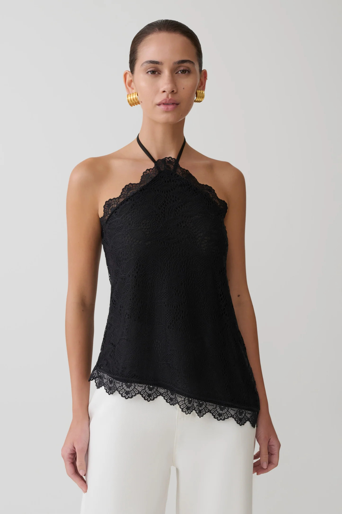 Theodosia Asymmetric Lace Halter Top - Black | Meshki UK