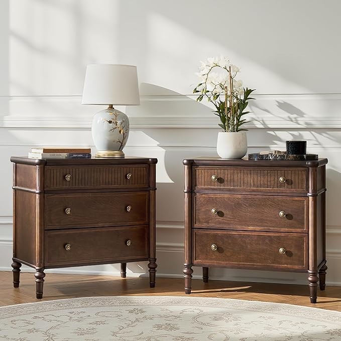 HULALA HOME Traditional Nightstand with Charging Station, Fluted Nightstand with Wood Drawers and... | Amazon (US)