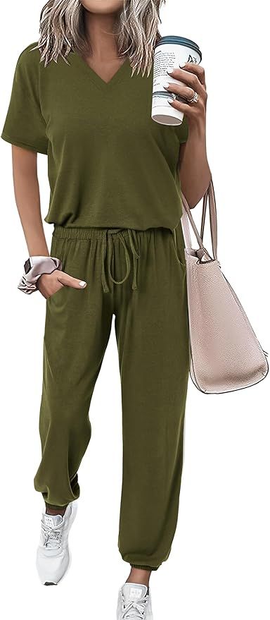 MASCOMODA Womens 2 Piece Outfits Summer Casual V Neck Short Sleeve Tops Long Pants Tracksuit Loun... | Amazon (US)