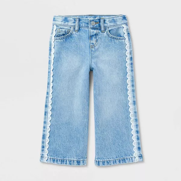 Toddler Girls' Lace Trim Wide Leg Denim Pants - Cat & Jack™ Light Wash 4T | Target