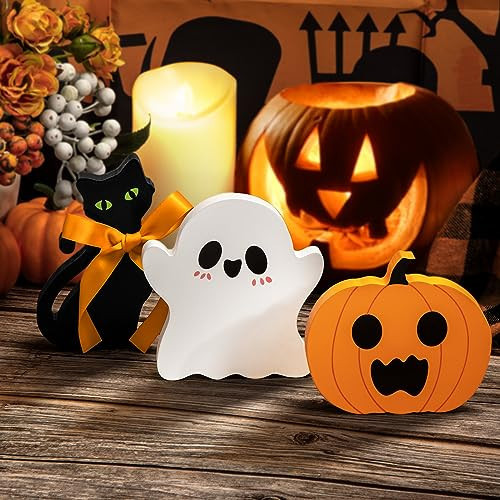 COCHIE Cute Halloween Tiered Tray Decorations Indoor, Ghost Wooden Decor Pumpkin Blocks Signs for Party Home Decoration (Set of 3) | Amazon (US)