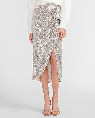 High Waisted Sequin Wrap Midi Skirt Neutral Women's L | Express