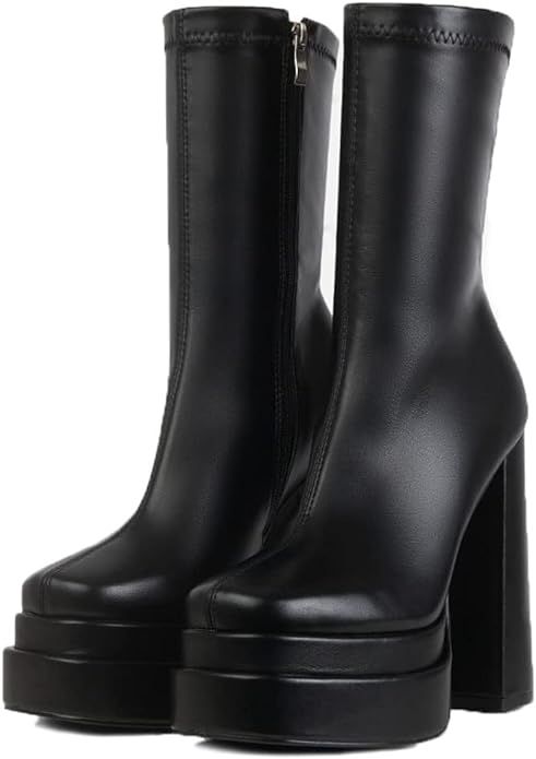 Amazon.com | Mattiventon Black Platform Boots for Women Square Toe Chunky Heel Combat Boot Mid Ca... | Amazon (US)