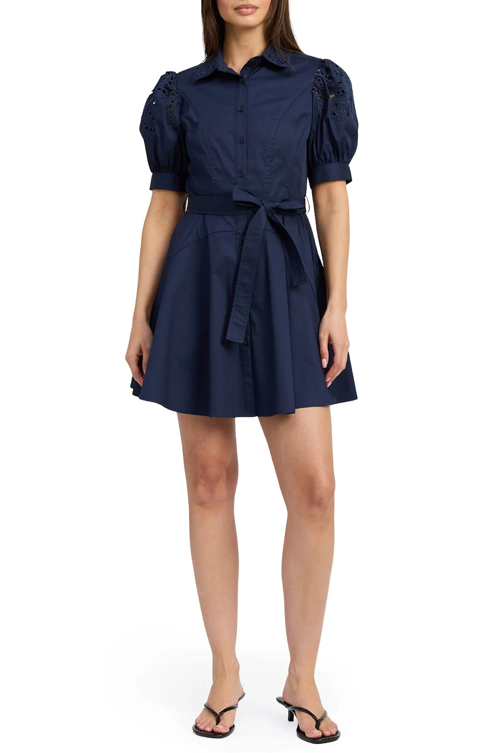 En Saison Nara Eyelet Detail Puff Sleeve Cotton Blend Mini Shirtdress | Nordstrom | Nordstrom