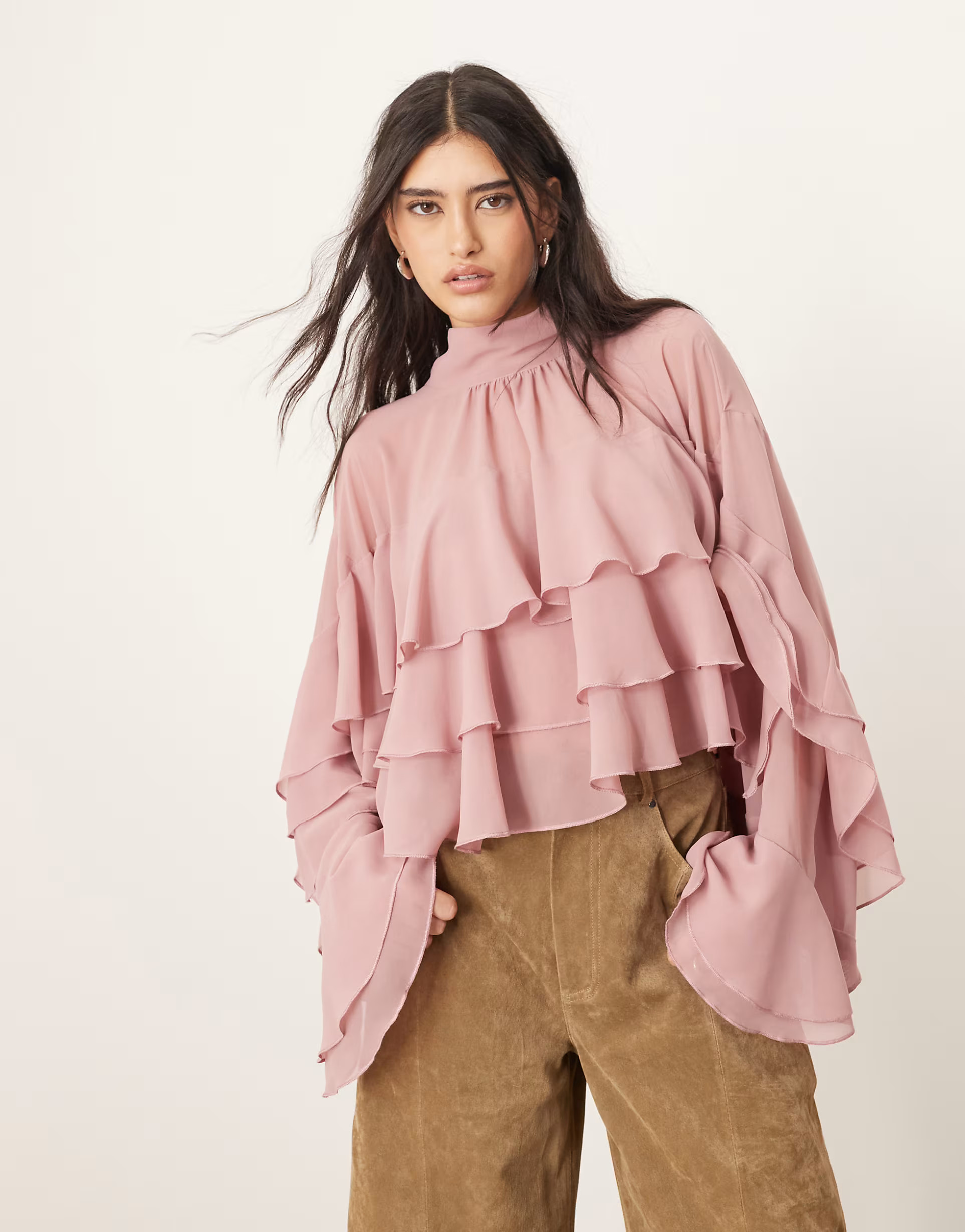 ARRANGE chiffon high neck ultimate ruffle blouse in dusky pink | ASOS (Global)