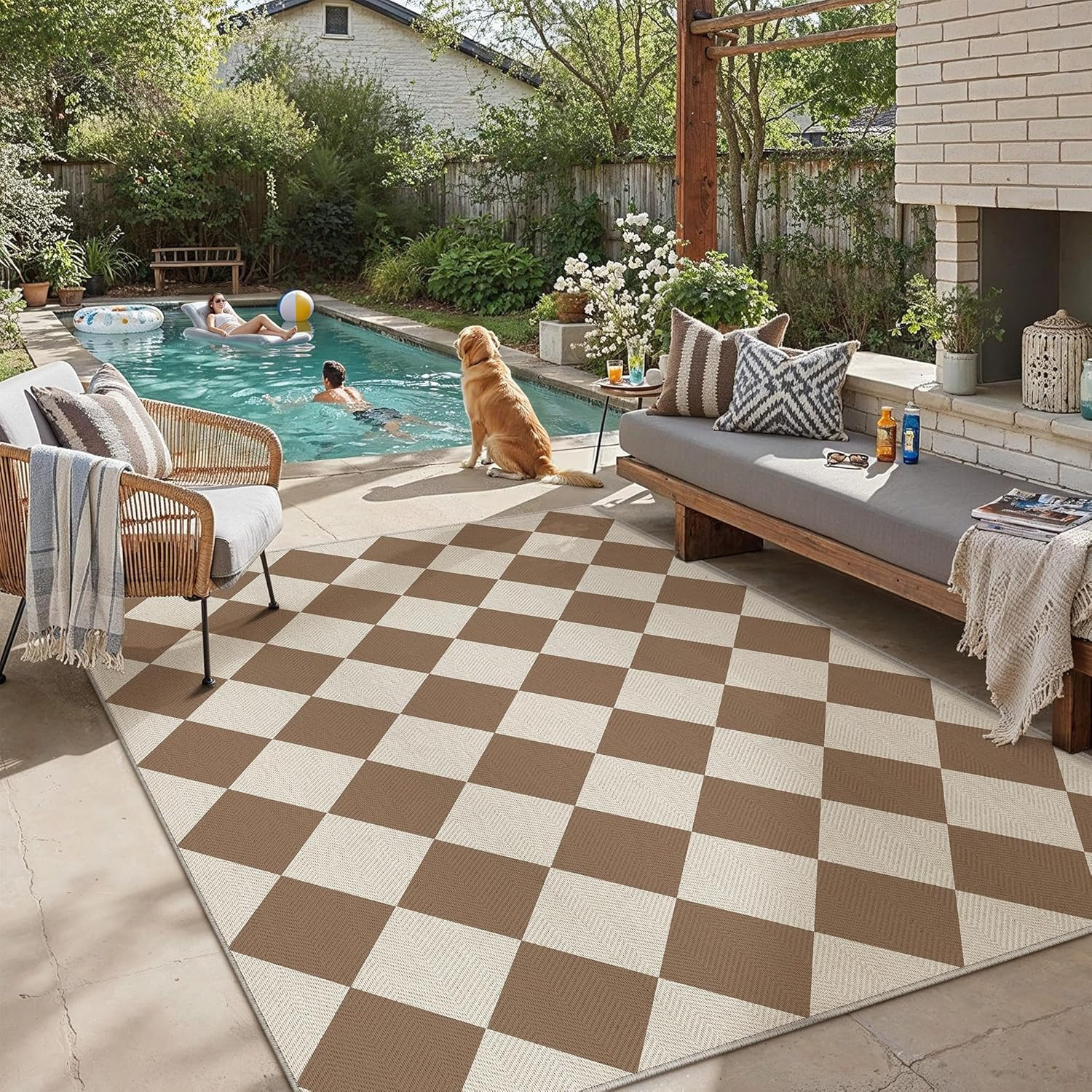 5x8 Brown Checkered Washable Area Rug Indoor Outdoor Non Slip | Amazon (US)