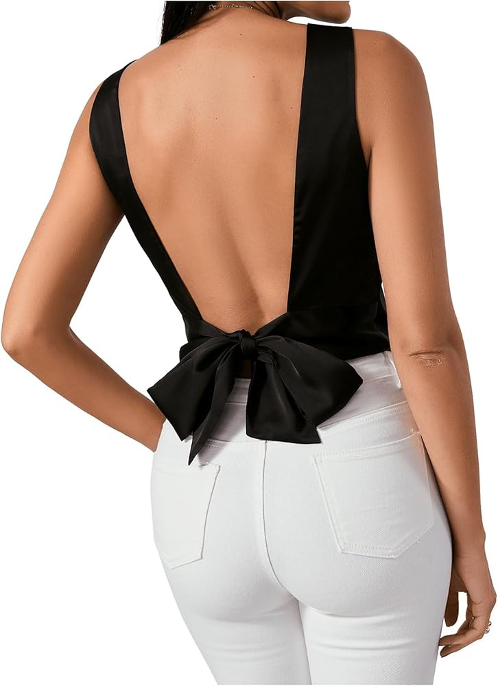 SweatyRocks Women's Tie Backless Round Neck Satin Blouses Shirts Ruched Sleeveless Tank Top | Amazon (US)