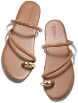 Coutgo Womens Strappy Flat Sandals Square Open Toe Flip Flops Slides Toe Ring Summer Dress Shoes | Amazon (US)