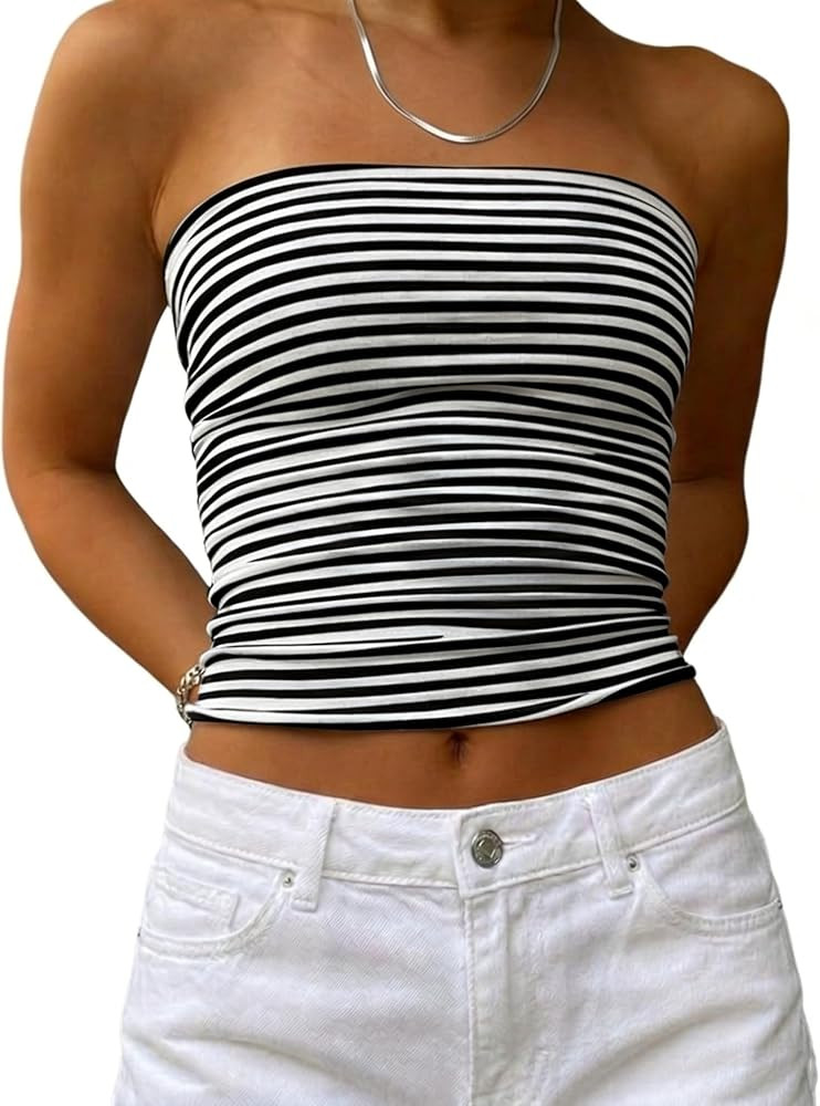 Women Cute Striped Tube Tops Y2K Aesthetic Strapless Bandeau Sleeveless Backless Crop Top Casual ... | Amazon (US)