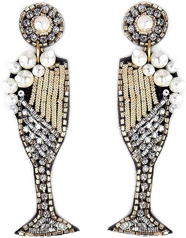 Emulily Beaded Champagne Flute with Pearl Post Earrings Handmade Champagne Earrings | Amazon (US)