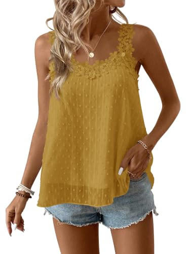 Falechay Womens Tank Tops Lace Swiss Dot Cute Flowy Boho Outfits Yellow M | Amazon (US)