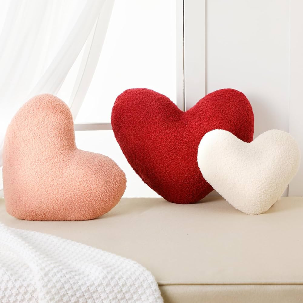 3 Pieces Sherpa Valentine's Day Heart Shaped Decorative Throw Pillows Red Pink Fluffy Love Pillow... | Amazon (US)