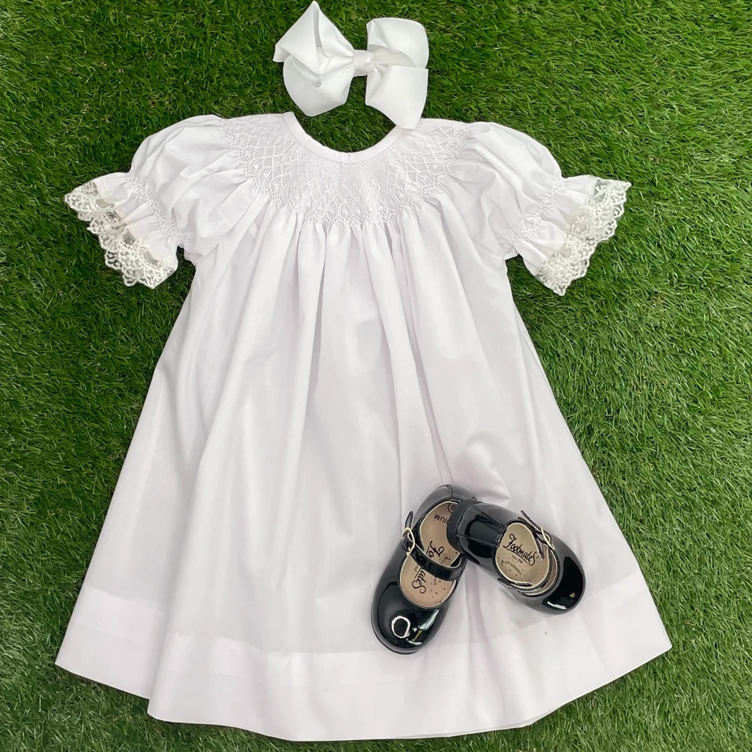 Smocked White Dress With Delicate Lace Sleeves - White Smocking, Flower Girl, Baptism, Christenin... | Etsy (Global)