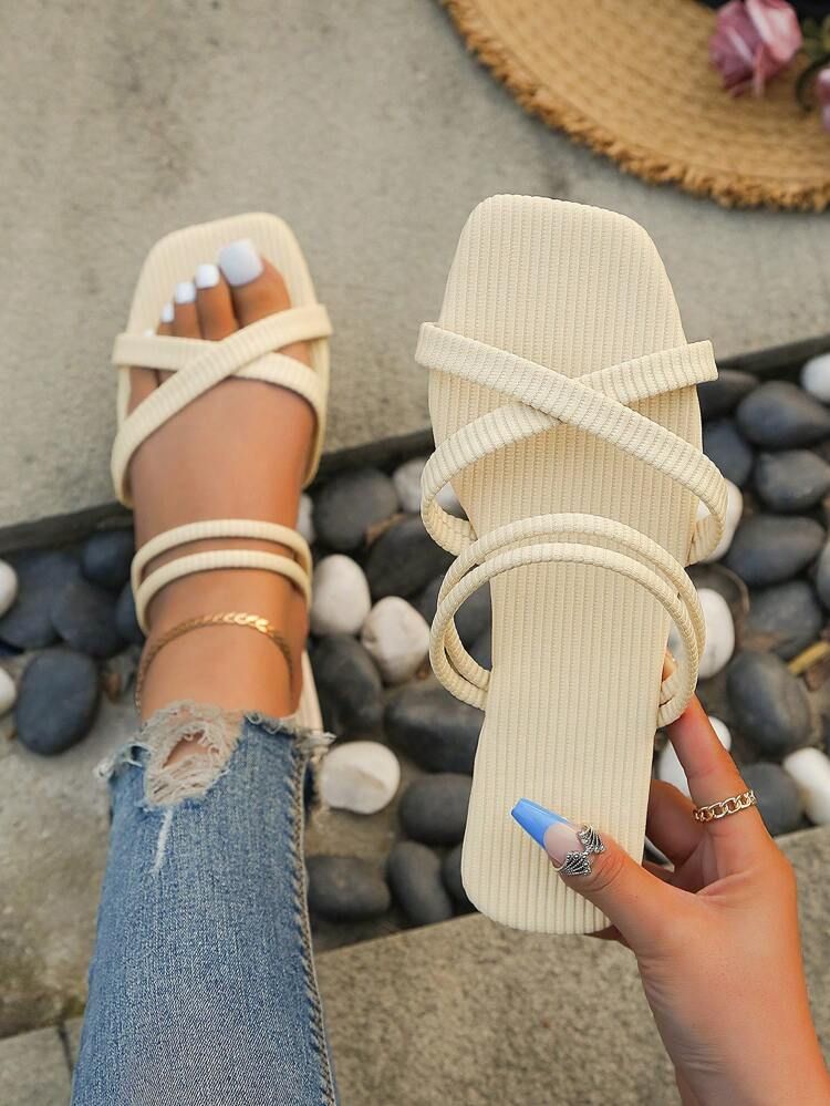 Fashion Beige Slide Sandals For Women, Cross Strap Sandals | SHEIN