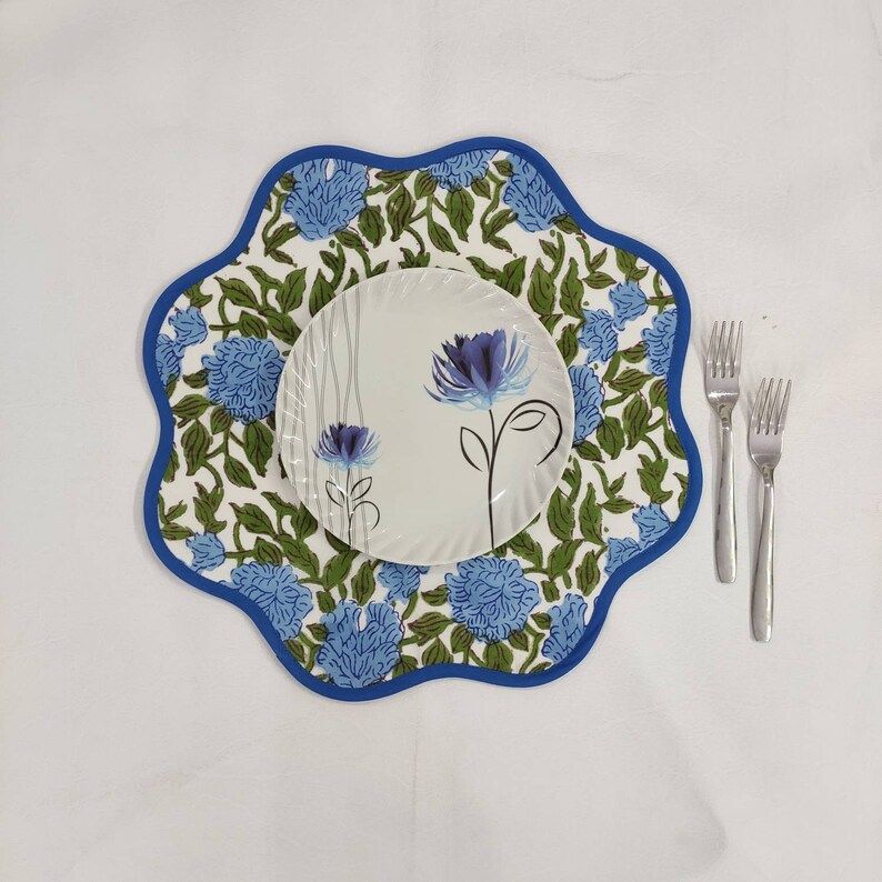 Round Scalloped Royal Blue Flower Placemat Block Print Fabric | Etsy Canada | Etsy (CAD)