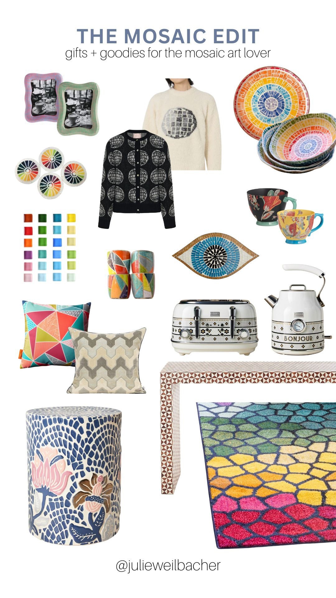 Sharing the sweetest mosaic-inspired gifts! 🪩 This collection features picture frames, coasters, magnets, pillows, garden stools, sweater, cardigan, drinking glasses, plates, bowls, coffee mugs, wall art, toaster, tea kettle, area rug, and console table. 🪩 For mosaic tips, tutorials, inspiration, and so much more please visit my YouTube channel: YouTube.com/julieweilbacher. Follow @julieweilbacher on Instagram for all things mosaic art. gifts for her - gifts for mom - hostess gifts - housewarming gifts - home decor - home furnishings - evil eye - mosaic - mosaic art - mosaic design

#LTKHome #LTKGiftGuide