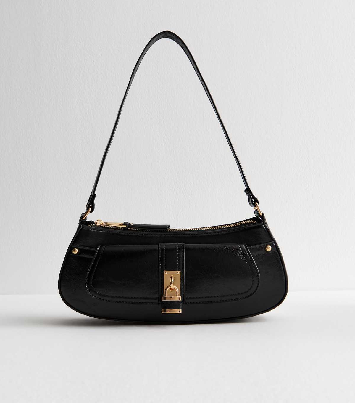 Black Patent Faux Leather Padlock Detail Mini Shoulder Bag | New Look | New Look (UK)