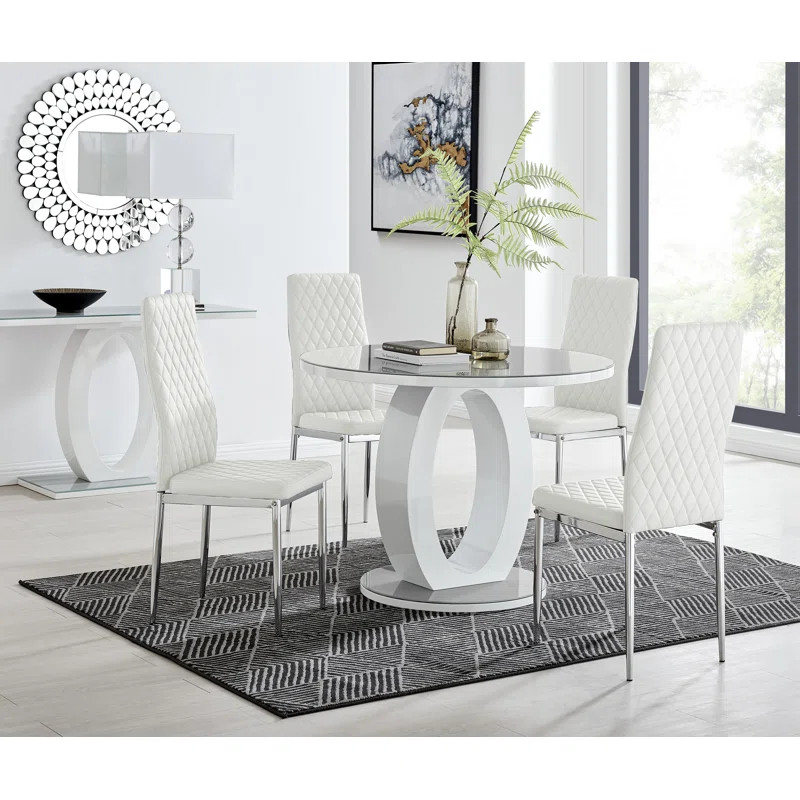Scottsmoor 4 Seater High Gloss Round Dining Table Set with 4 Luxury Faux Leather Dining Chairs | Wayfair North America