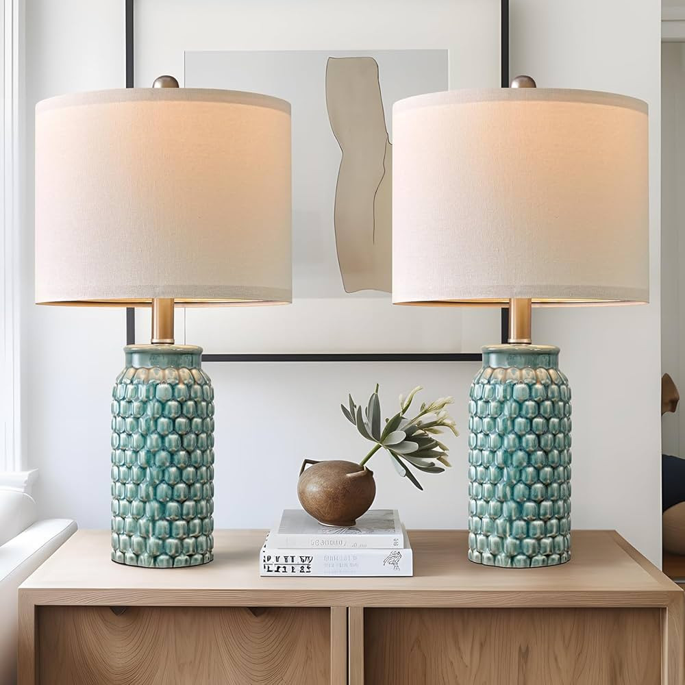 USumkky 20.5 inches Modern Ceramic Blue Bedside Lamp Set of 2 for Bedroom Decor Farmhouse Table L... | Amazon (US)