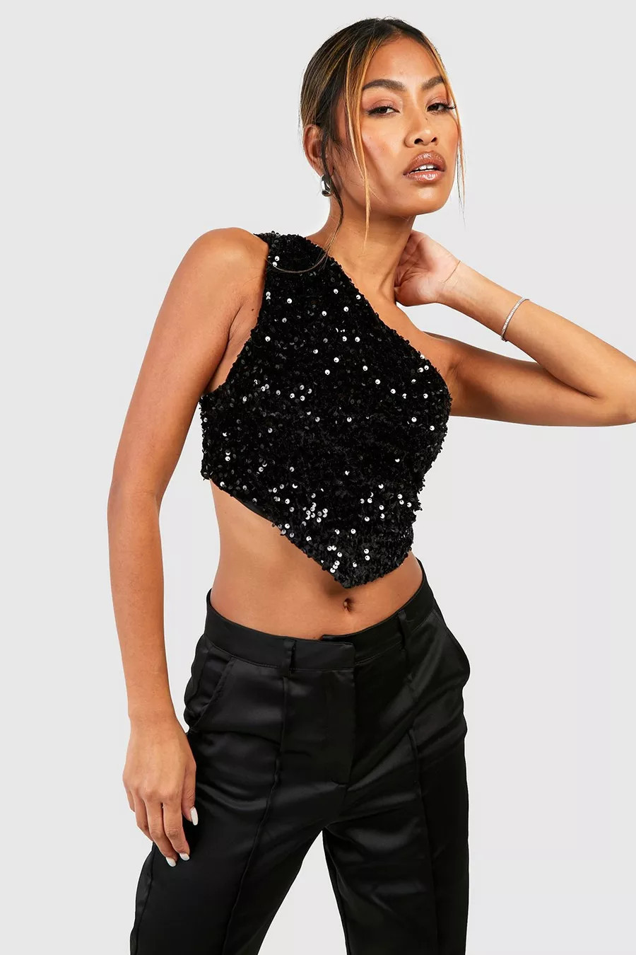 Black Velvet Sequin One Shoulder V Hem Crop Top | Boohoo.com (UK & IE)