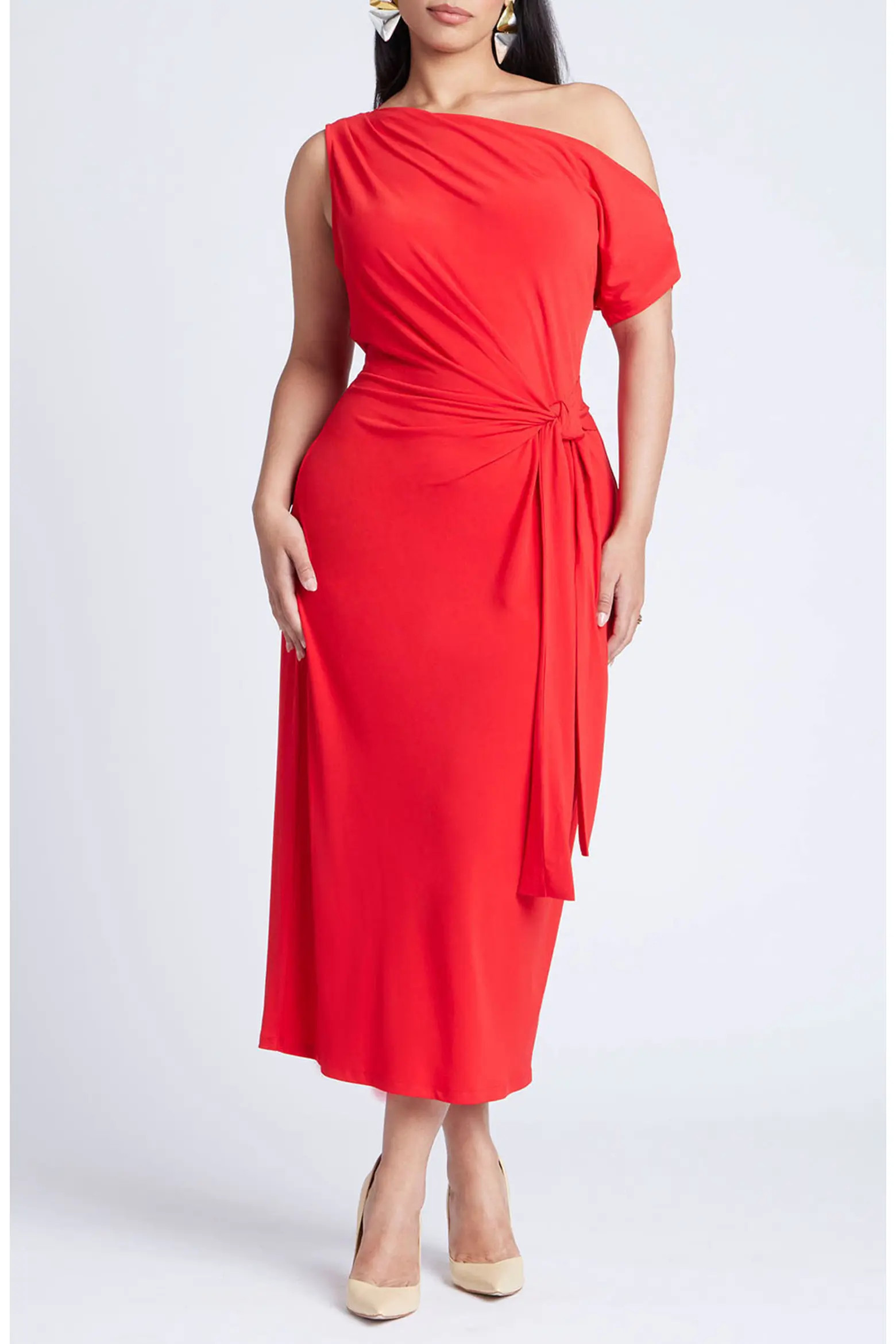 ELOQUII Off The Shoulder Tie Front Midi Dress (Women) | Nordstrom | Nordstrom