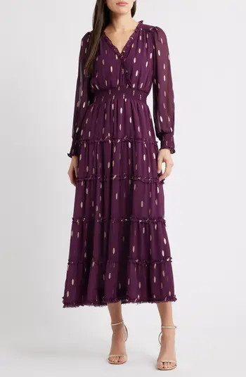 Halogen® Metallic Fleck Long Sleeve Tiered Dress | Nordstrom | Nordstrom