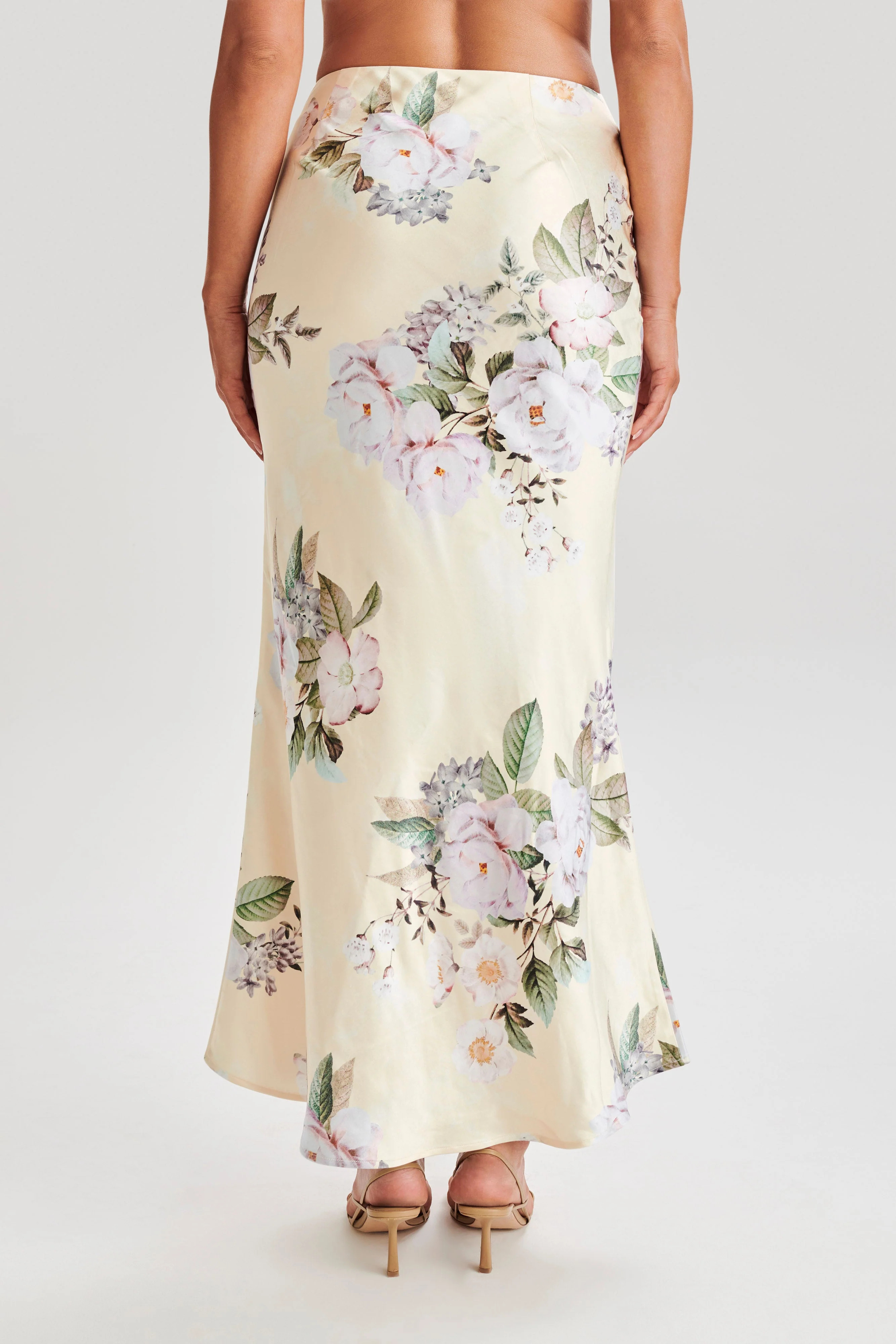 Karley Floral Satin Midi Skirt - Lemon Floral Print | MESHKI US