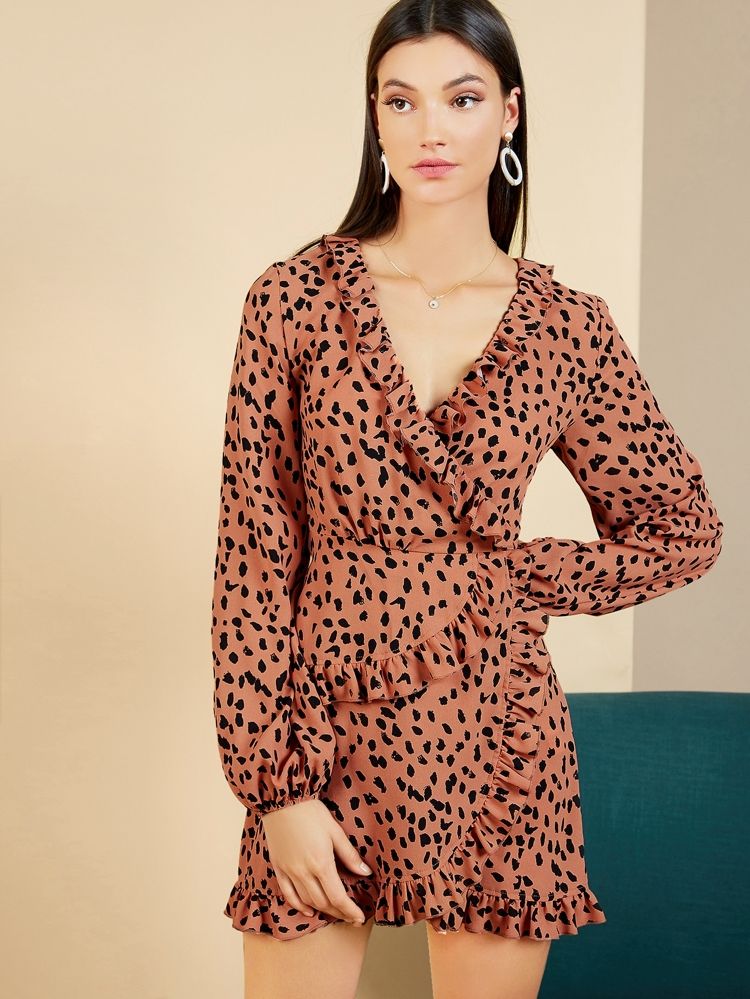 Ruffle Trim Surplice Neck Dalmatian Print Dress | SHEIN