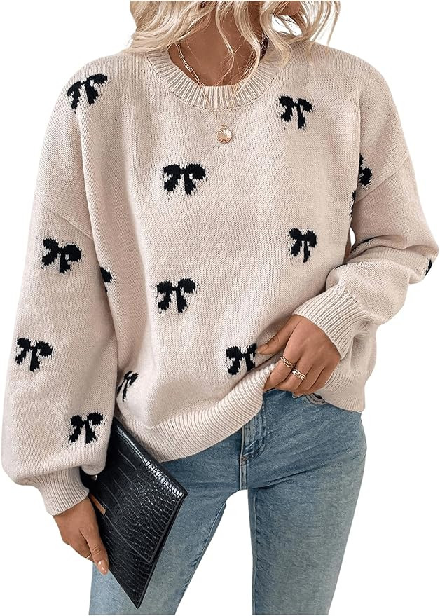Women's Y2K Bow Print Sweater Crewneck Long Sleeve Drop Shoulder Knit Pullovers Sweaters | Amazon (US)