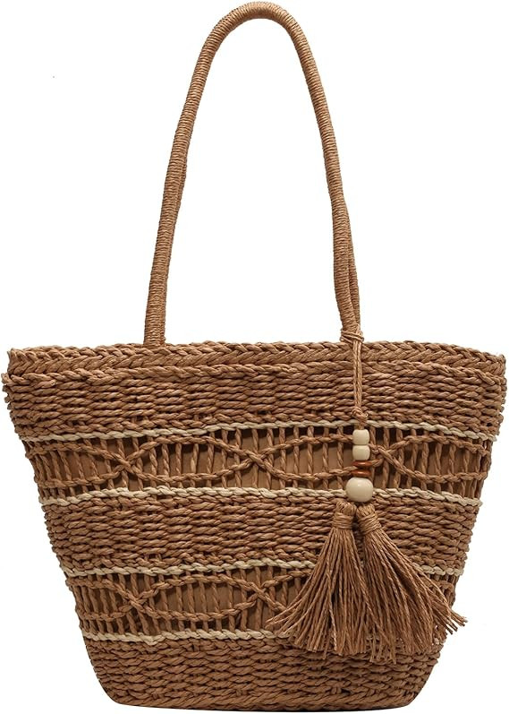 Straw Beach Bag, Summer Woven Tote Bag with Tassels Shoulder Handbag Straw Purses and Handbags fo... | Amazon (US)