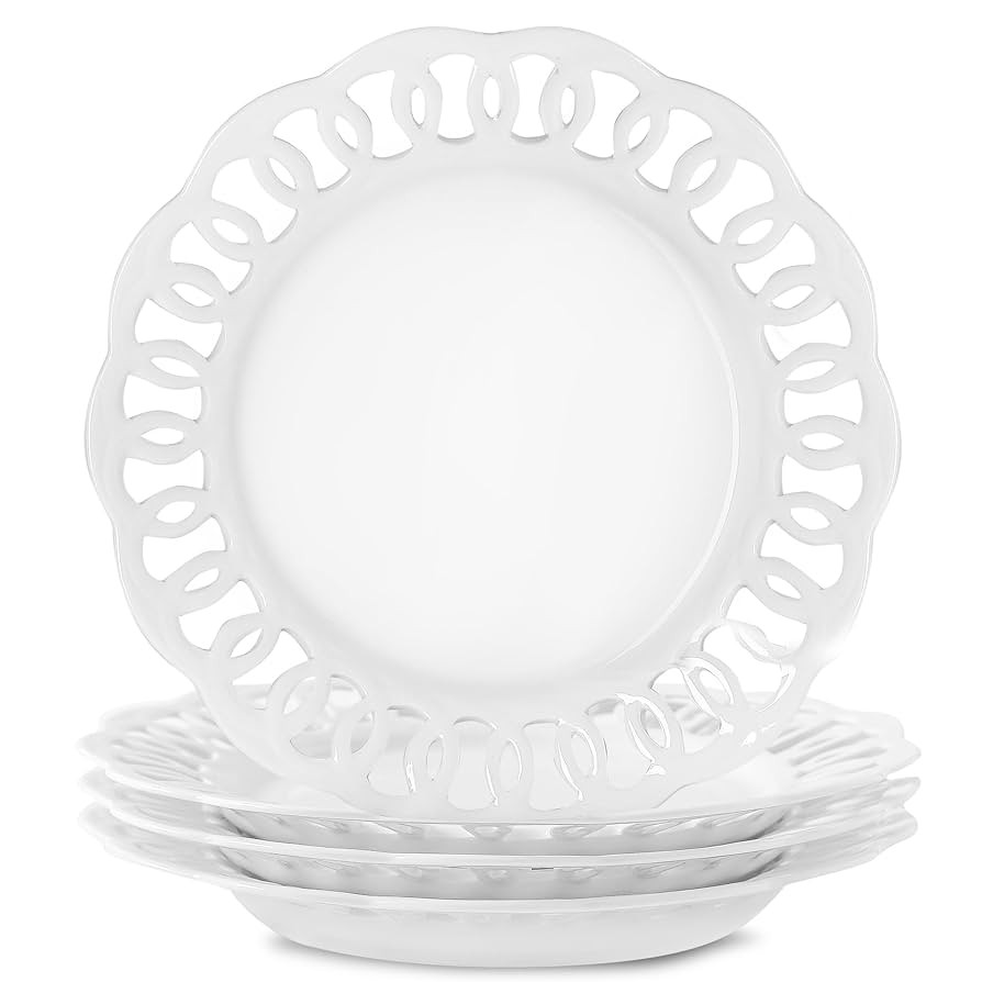 4 Pack 10" Dinner Serving Plates with Lace Rim, New Bone Porcelain Round Tableware Plates with Un... | Amazon (US)