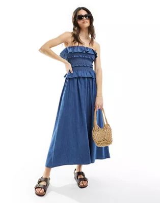 ASOS DESIGN denim maxi dress with frill detail in mid blue | ASOS | ASOS (Global)