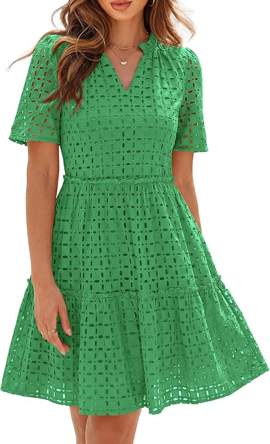 PRETTYGARDEN Eyelet Dresses for Women 2026 Summer Short Sleeve V Neck Hollow Out Ruffle A Line Bo... | Amazon (US)