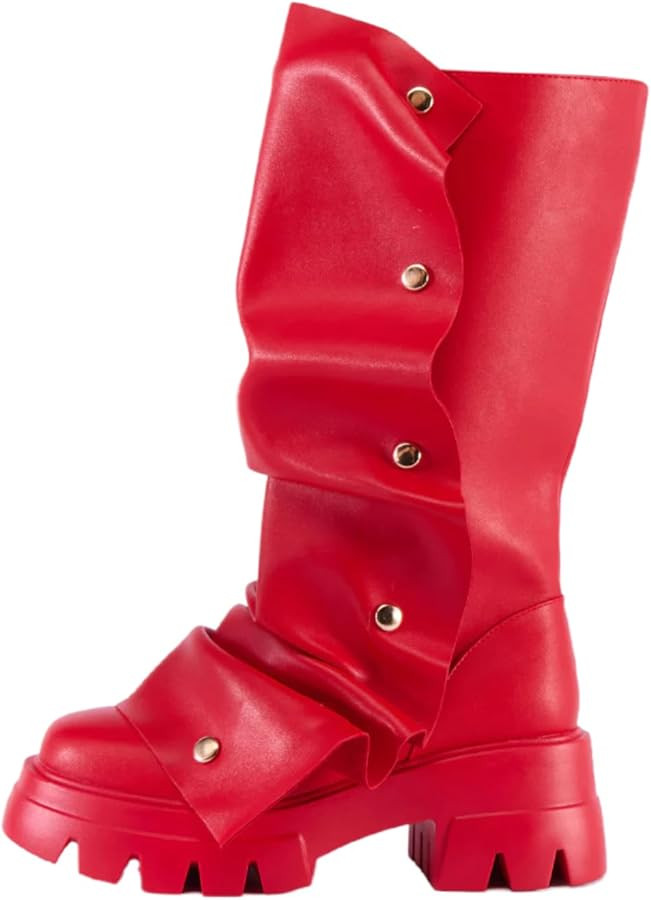 sexytag Women's Platform Slouchy Fold Over Boots Mid Calf Block Heel Round Toe Western Pull on Fa... | Amazon (US)