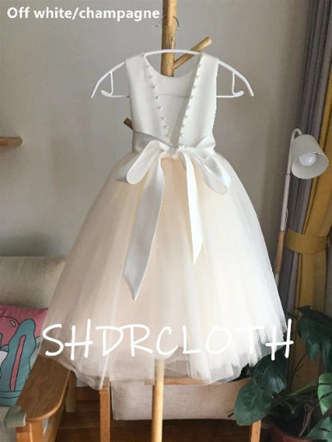 Tulle ivory off white champagne flower girl dress, V back top dress with pearls, Communion dress | Etsy (US)
