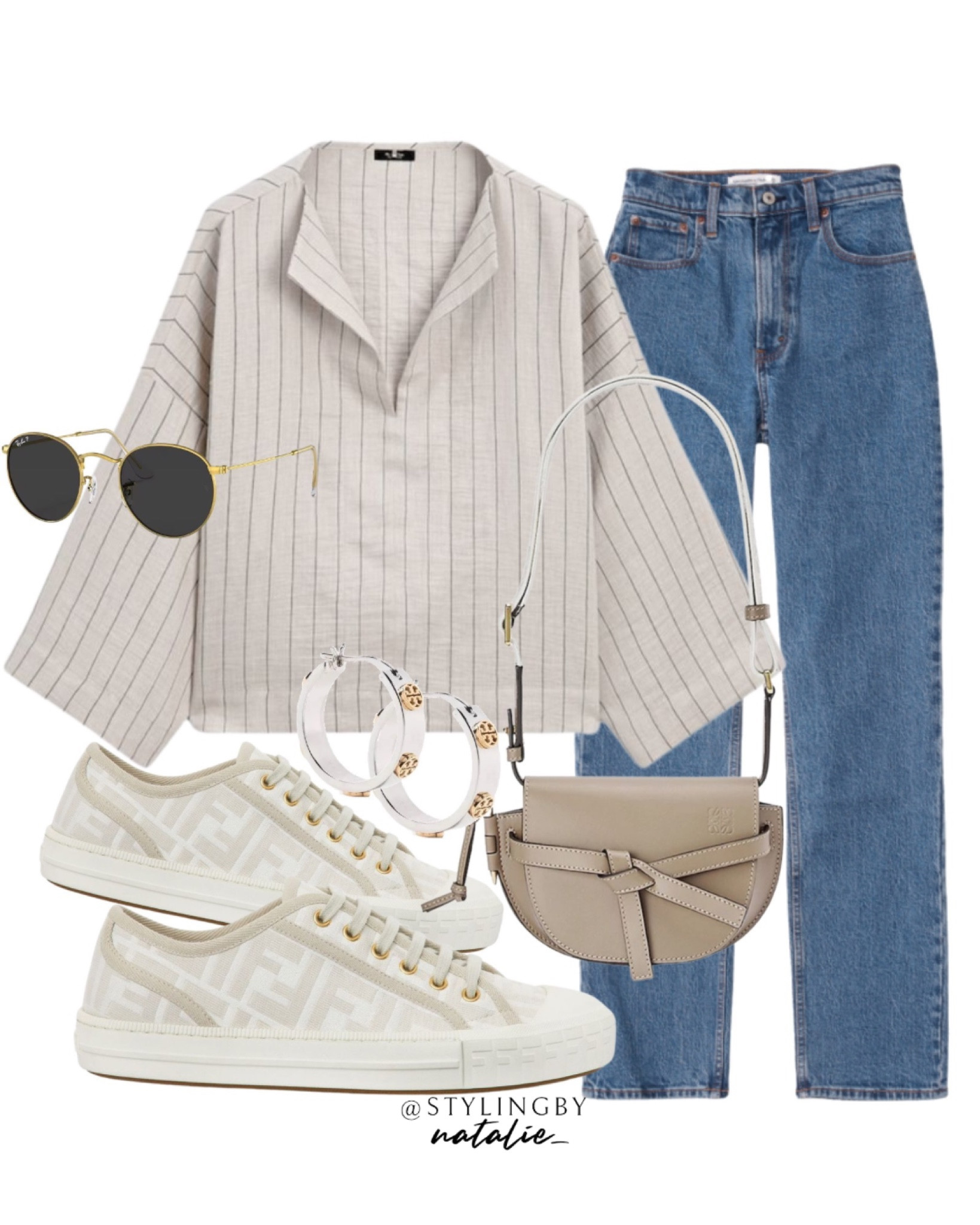 Stripe linen blend blouse, high rise jeans, fendi pumps, Loewe bag, Ray Ban sunglasses. Casual outfit, summer look, everyday outfit.

#LTKmidsize #LTKstyletip #LTKsummer