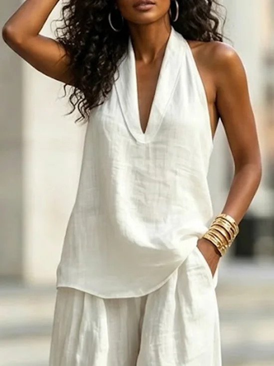 Cotton Casual Plain Halter Neck Blouse | Stylewe