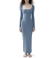 PUMIEY Women's Square Neck Long Sleeve Maxi Dress Ribbed Bodycon Dresses for Women Soft Lounge Dr... | Amazon (US)
