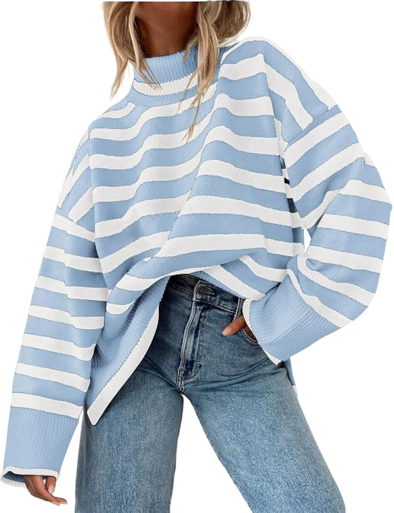 AGSEEM Fall Sweaters for Women Pullover Long Sleeve Turtleneck Striped Cable Knit Side Slit Tops ... | Amazon (US)